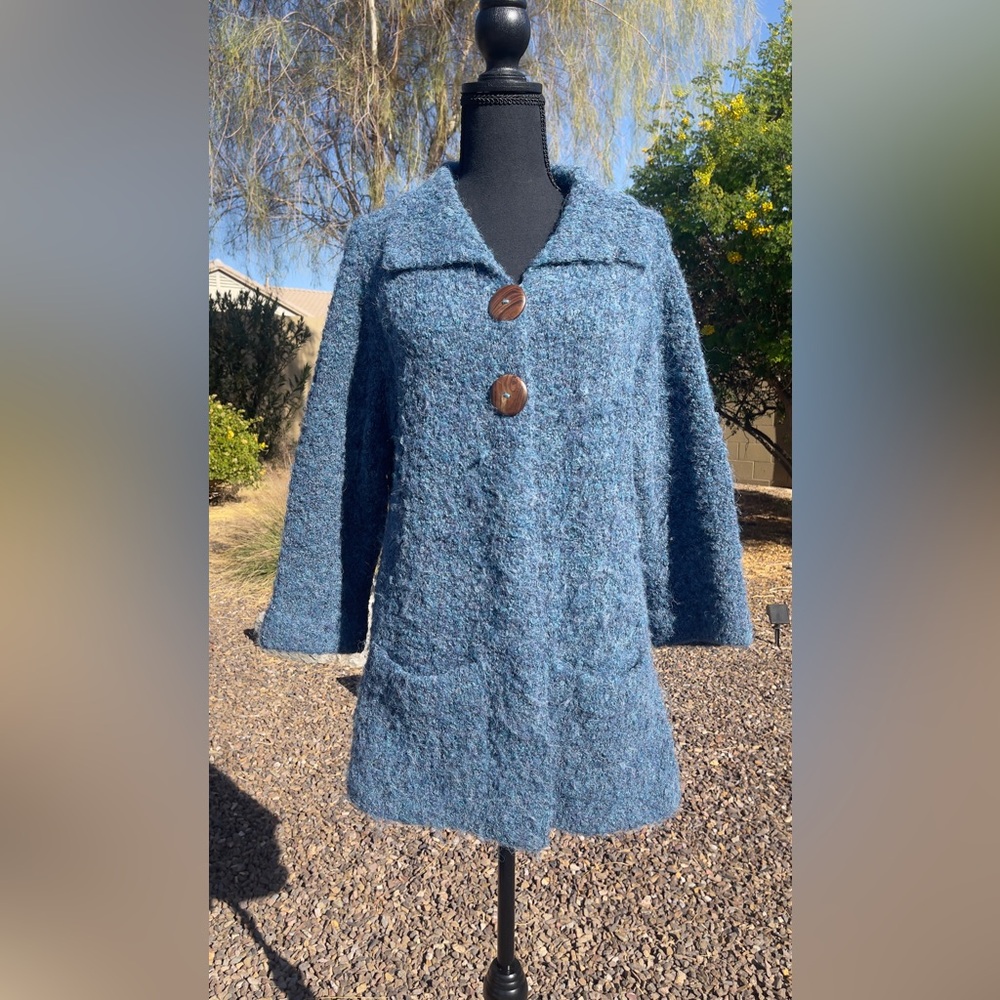 Alpaca blend Hand Made in Peru blue two button sweater jacket coat Large